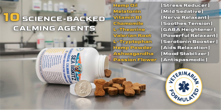 Sea Biskitz on a counter with text listing calming agents and a Veterinary Formulated label.