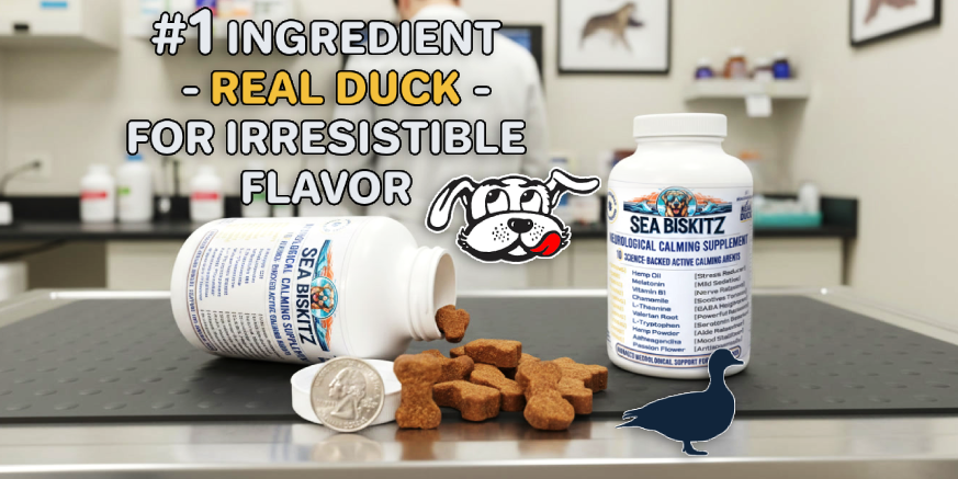 Sea Biskitz pet supplement bottles with treats on a counter talking about the irresistible duck flavor.