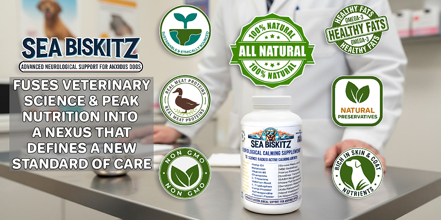 Sea Biskitz supplement with health benefits and product details on a table.