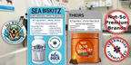 Comparison of Sea Biskitz and 'Theirs' pet supplement products with a label indicating 'Not So Premium Brands'.
