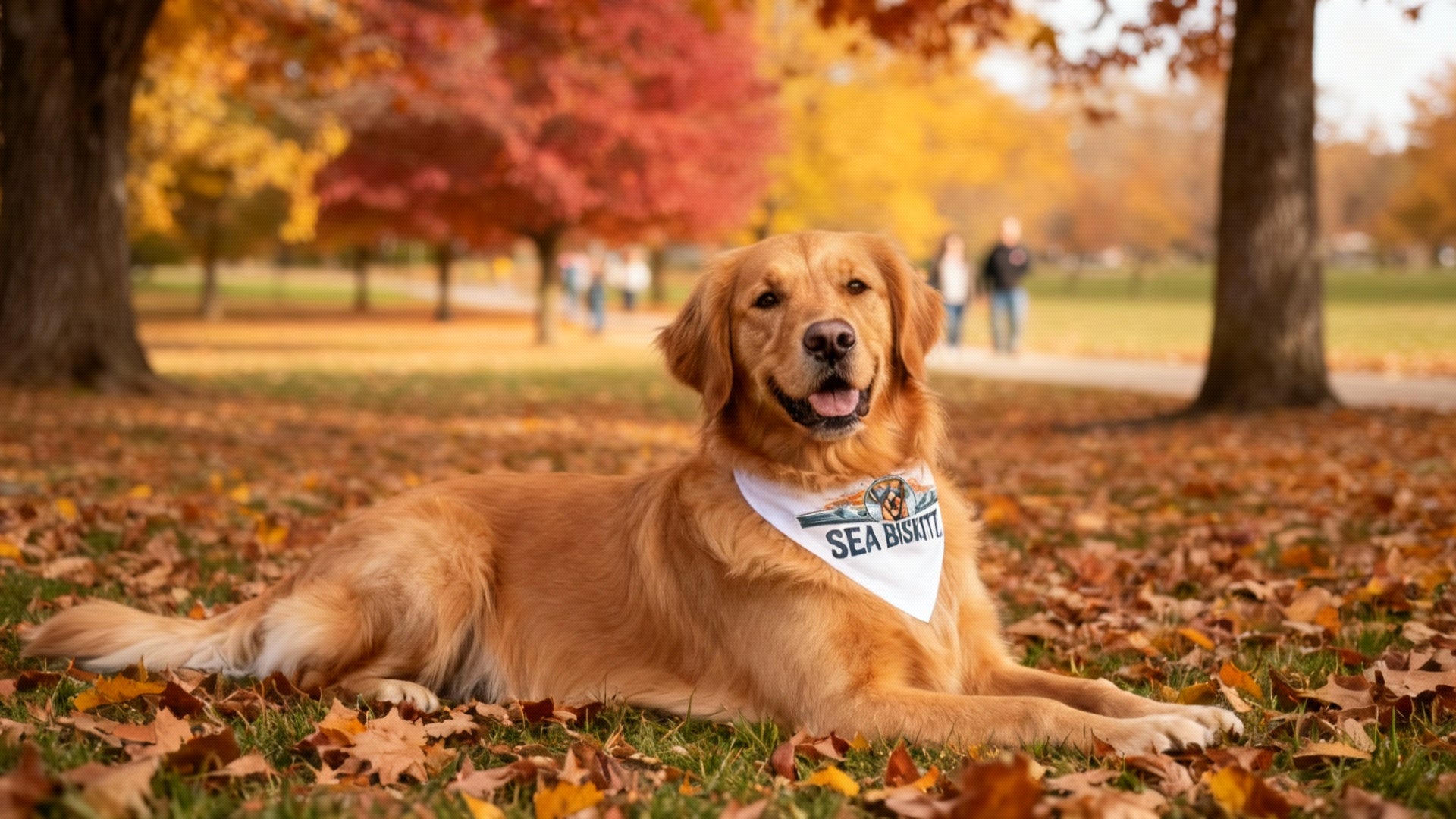 Dog lying on a leaf-covered ground with autumn trees in the background